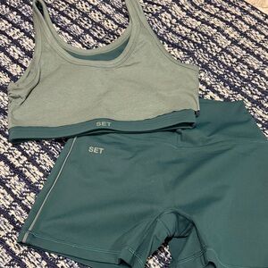 SET Active Women's Green Ribbed Sports Bra and Teal Bike Shorts